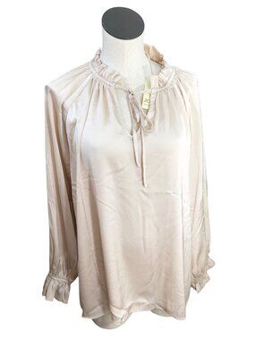 Jodifl NEW Satin Blouse Top Womens L Cream Puffy Sleeves Shirt Pullover Ruffle